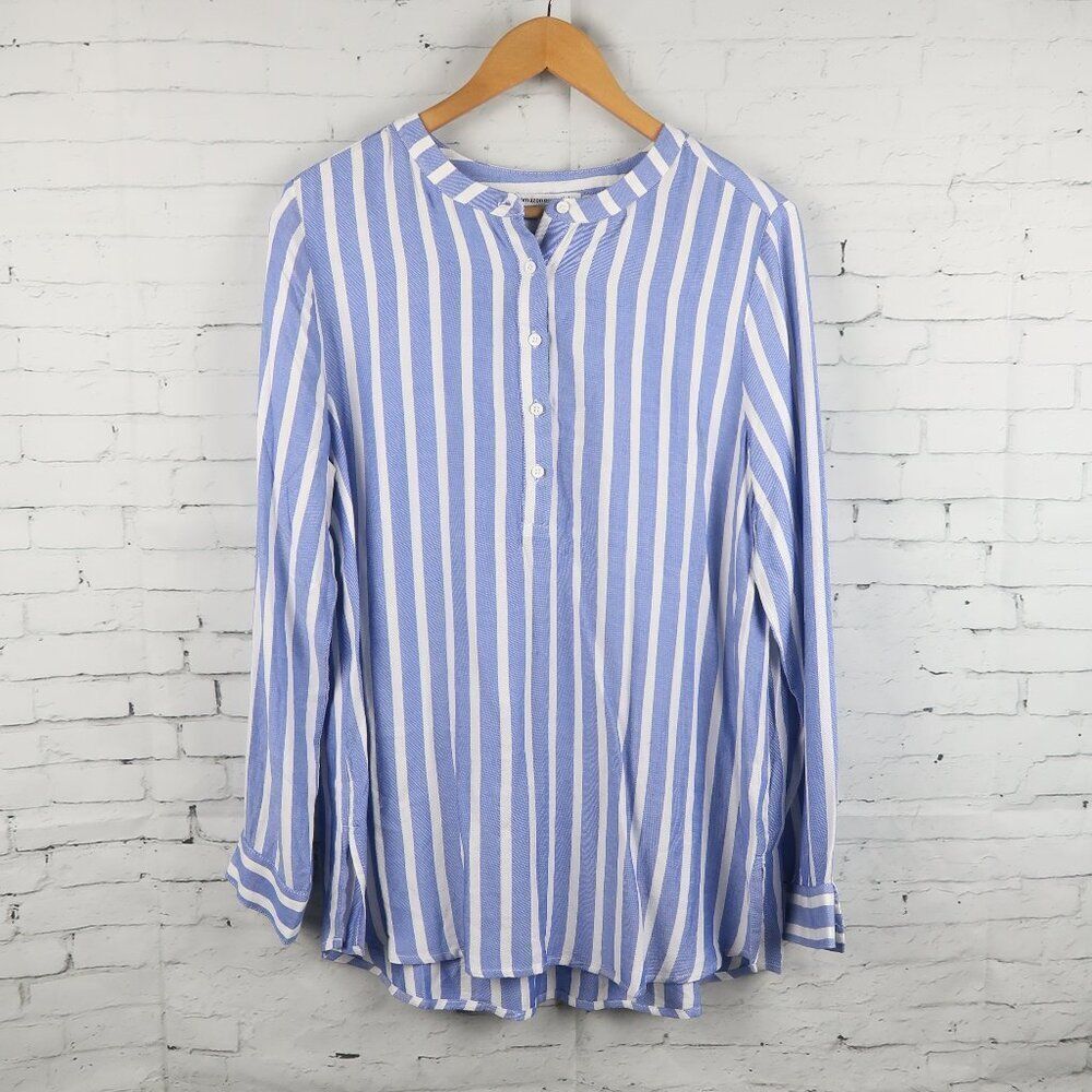 AMAZON ESSENTIALS BLUE & WHITE STRIPE LONG SLEEVE 1/2 BUTTON DOWN TUNIC TOP LG